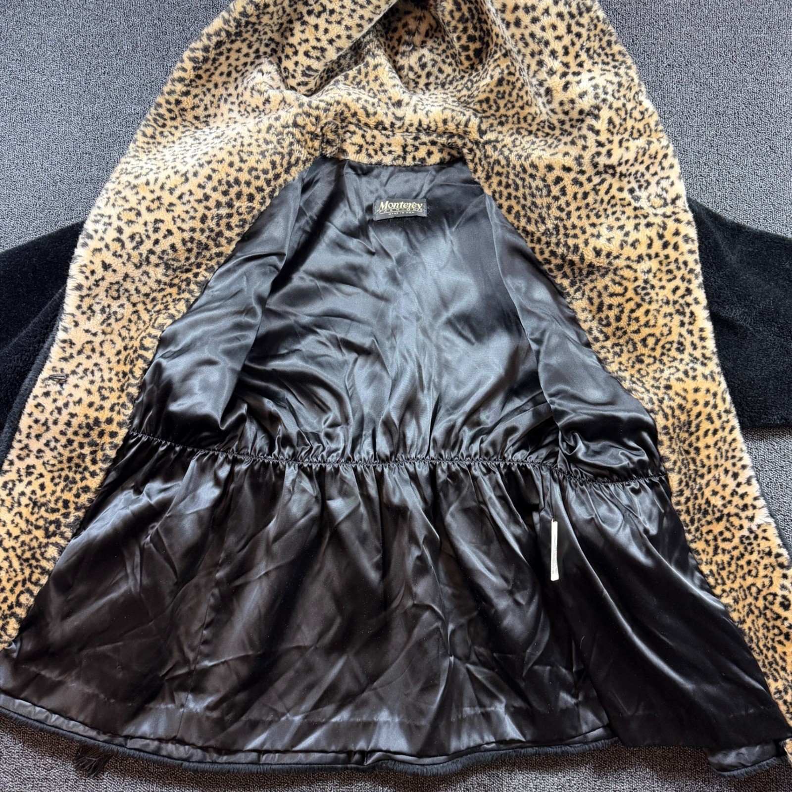 VTG Monterey Fashions Faux Fur Fleece Coat Women’s M Leopard Print Trim 80s USA