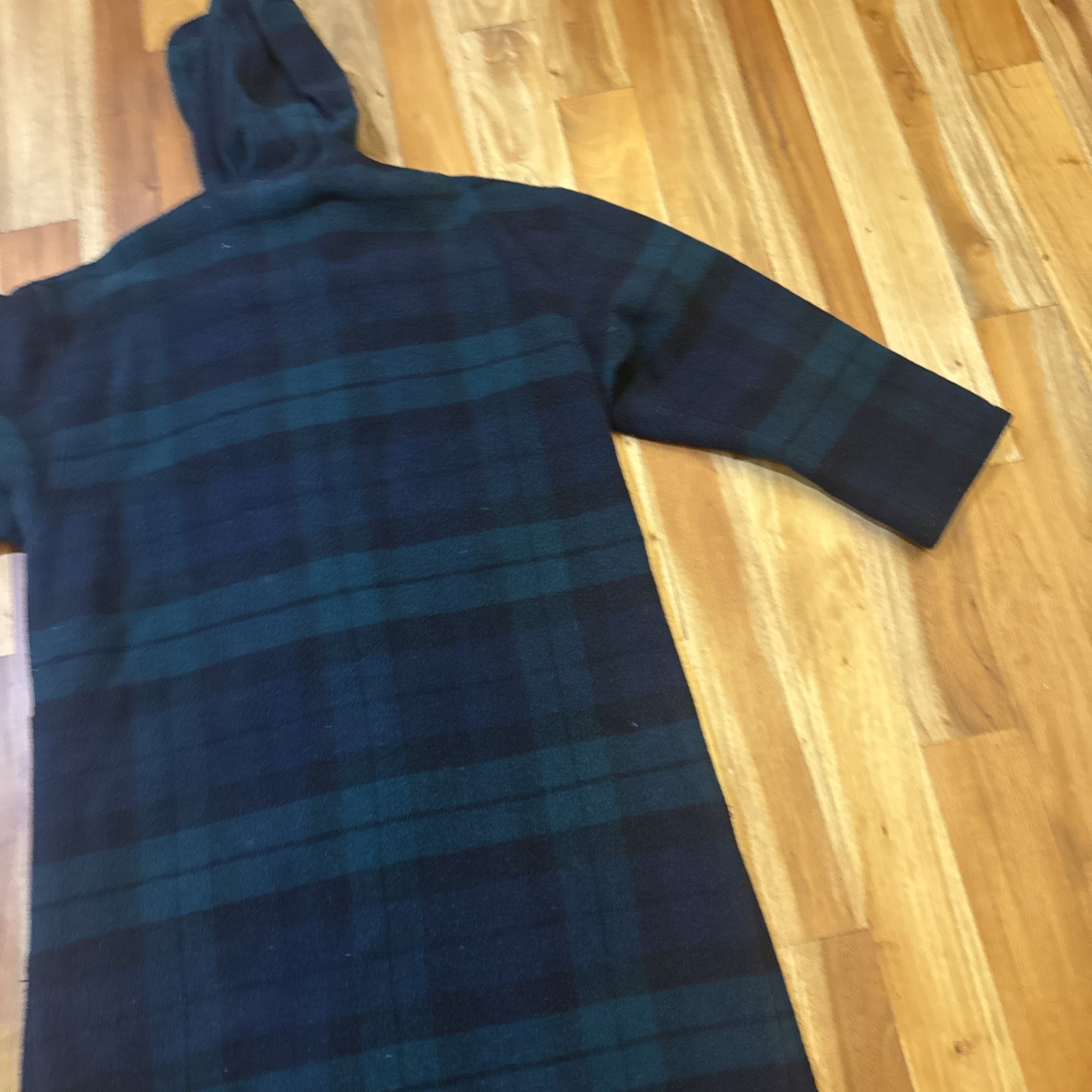 VTG 80s L.L. Bean Plaid Tartan Green Multi Fringe Wool Coat Hood Womens Large