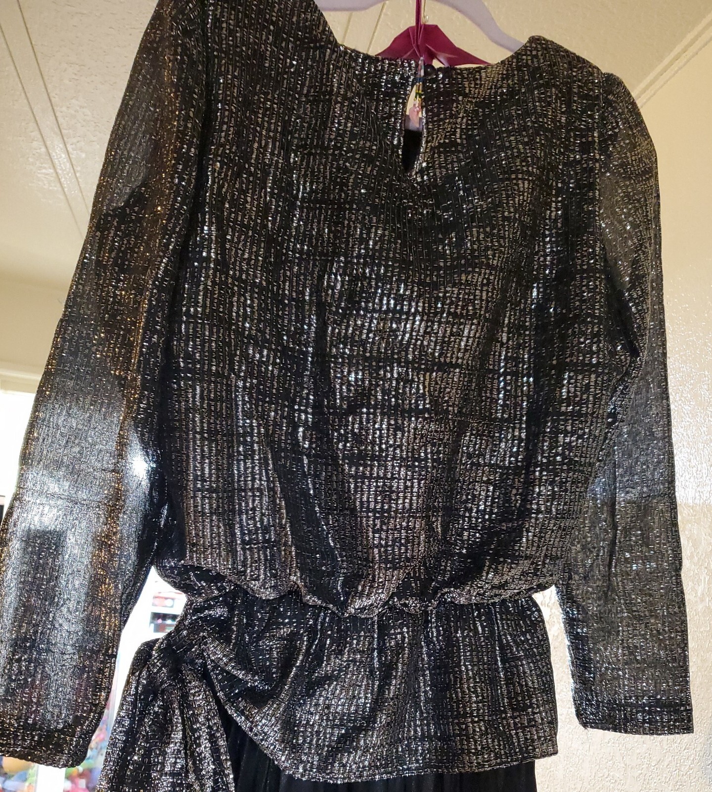VTG T & F DRESS SIZE 12 BLACK SKIRT & SILVER/BLACK SHIMMERING TOP LONG SLV USA 