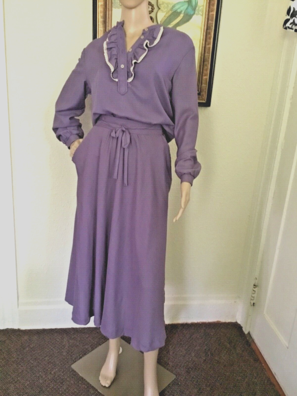 70’s Vintage Purple Boho Lace Ruffle Western Blouse Midi Skirt Set