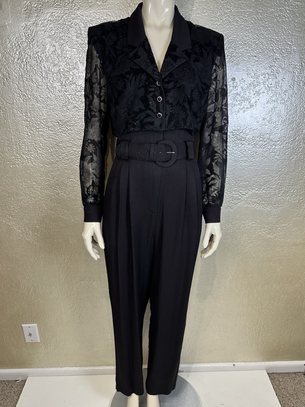 Vintage 1990s Ladies MENU Black Jumpsuit Sheer Sparkle Belted Goth S/M