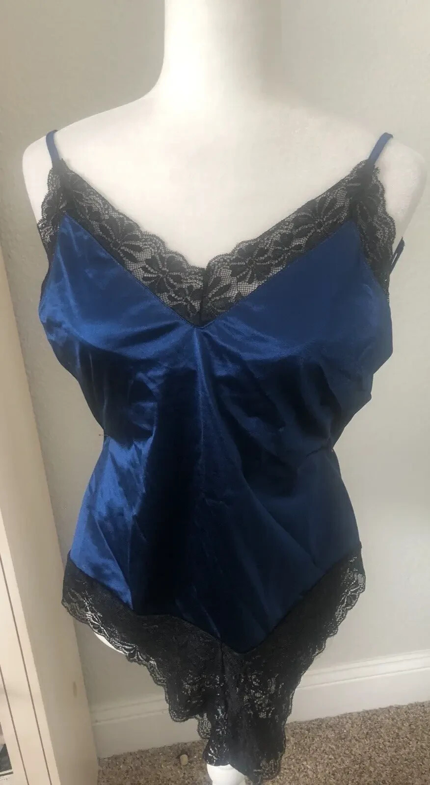 Vtg New AVIDLOVE Sz L Navy Royal Blue Satin 1 One PC Black Lace TEDDY Lingerie