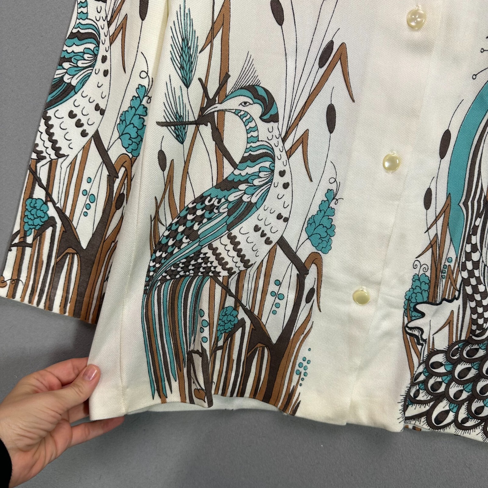 Vintage 70s Disco Shirt Womens M Polyester Peacock Feathers Teal Fall Holiday