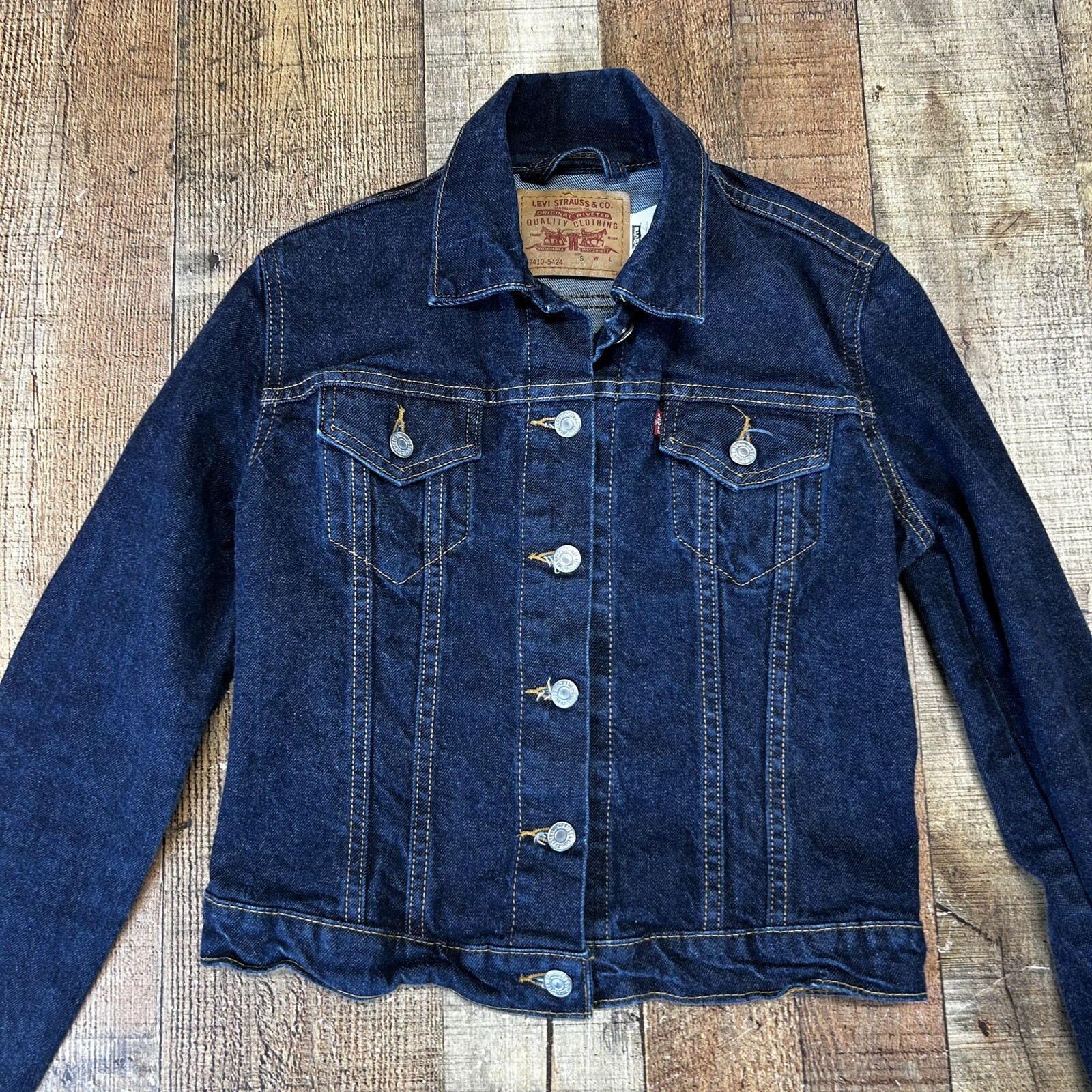VTG Levi’s 80s Cropped Denim Jean Jacket Dark Wash Red Tab Long Sleeve Size S