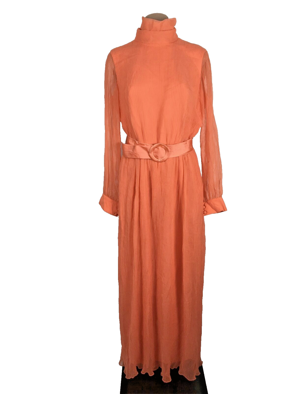 Miss Elliette Coral Illusion Sleeve High Collar Pleated Vtg 60’s Gown Dress