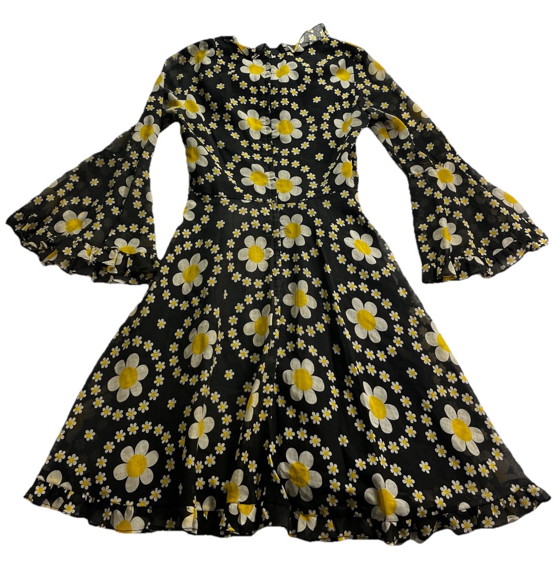 1970s Eve Le Coq California Black Daisy Print Dress | Fit & Flare- Boho- VTG