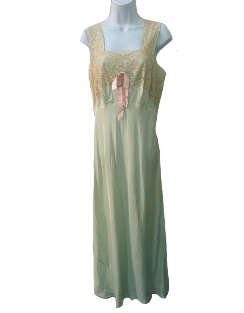 Skylon VTG 40s Long Pale Green Pink Bow Ivory Lace Sleeveless Gown Negligee 16