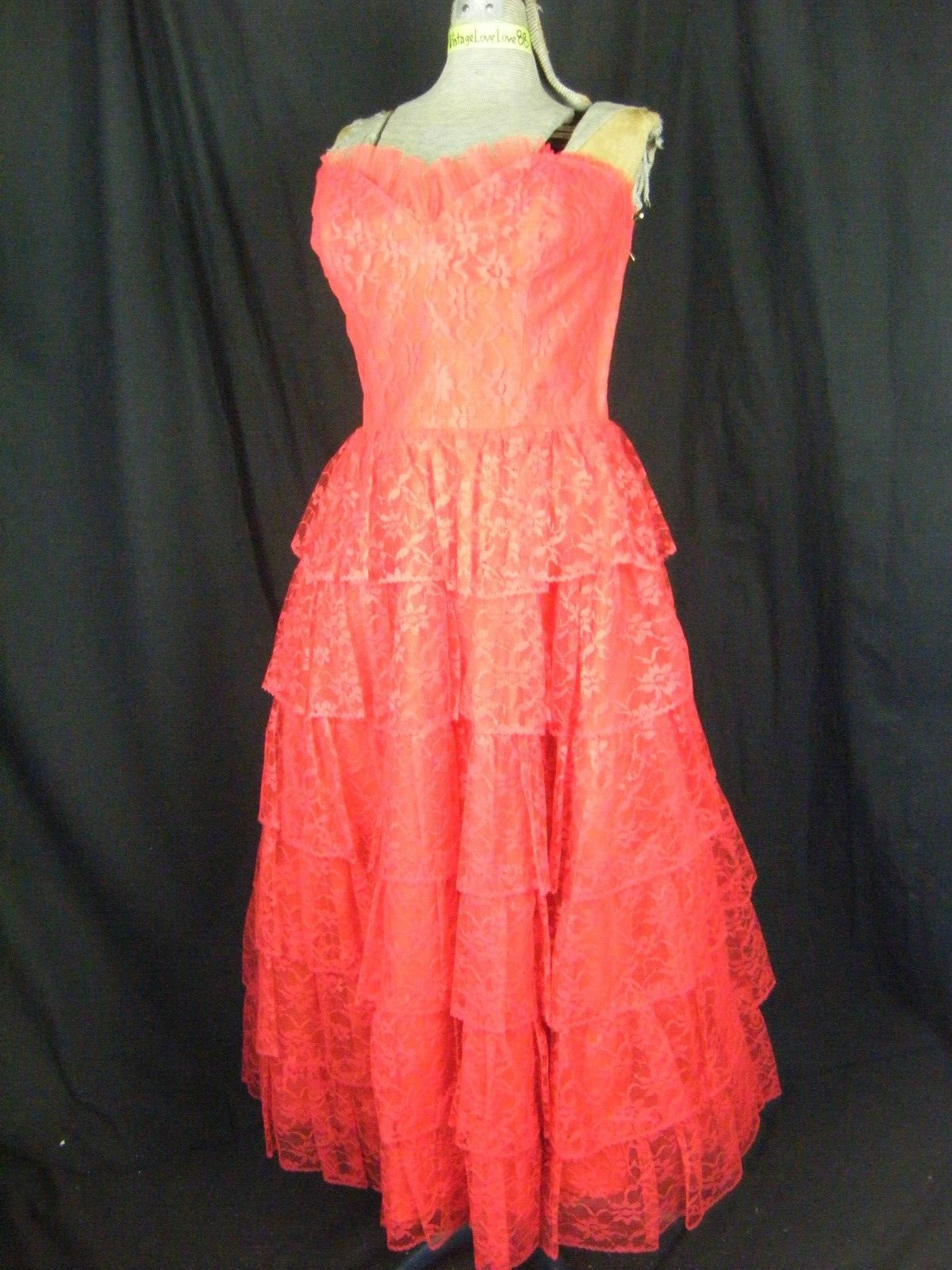 Vtg 50-60s Bright Red Ruffle Lace 6 Tiers Full Party Dress-Bust 34.5/2XS-XS