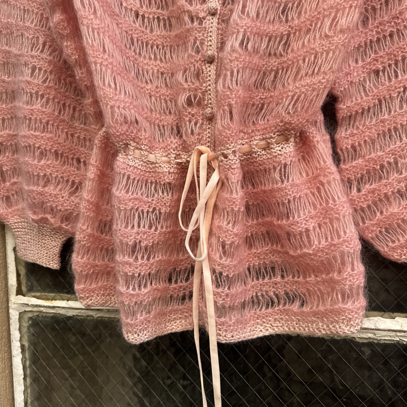 Vintage 1930s Pink Mohair Knit Wool Sweater Cardigan Balloon Sleeves Dress Top