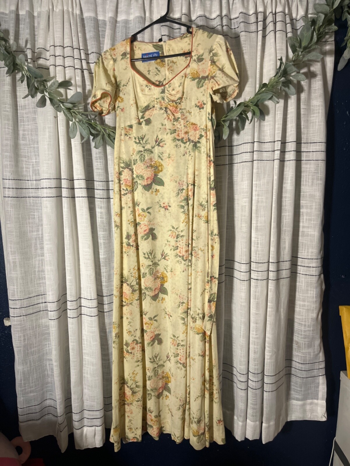 Vtg Kristie Lou California Juniors Cottage Prairie Dress Green Floral 70s Tie