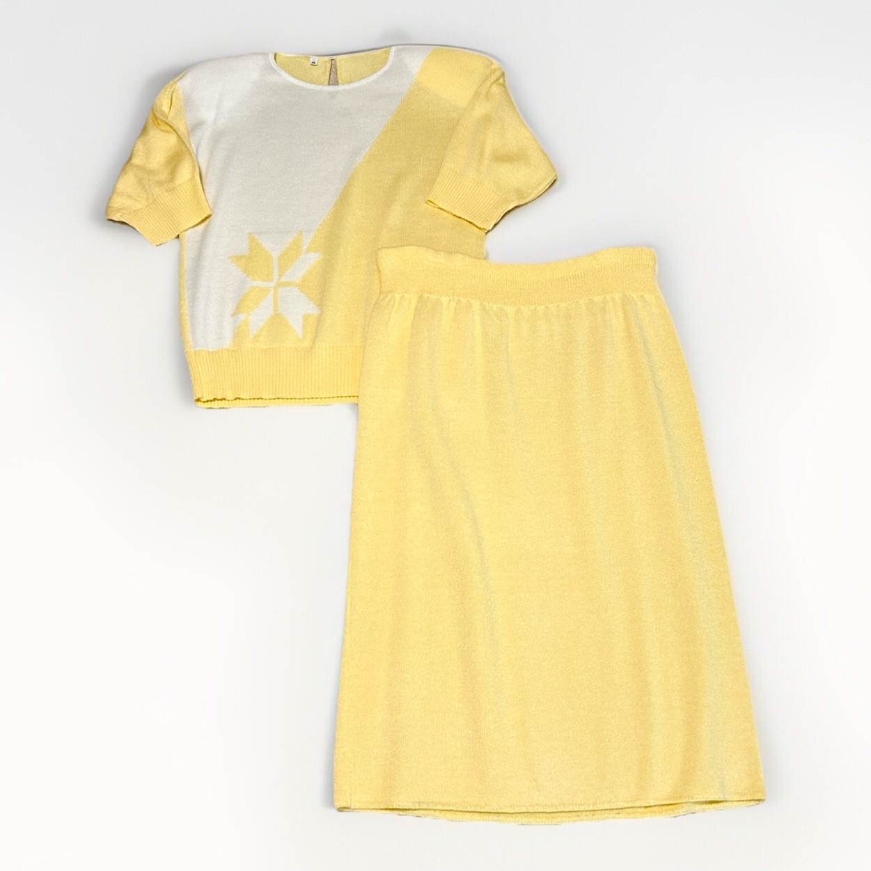 Vintage 80s Yellow Knit Sweater Skirt Set Large Shoulder Pads Amazing!