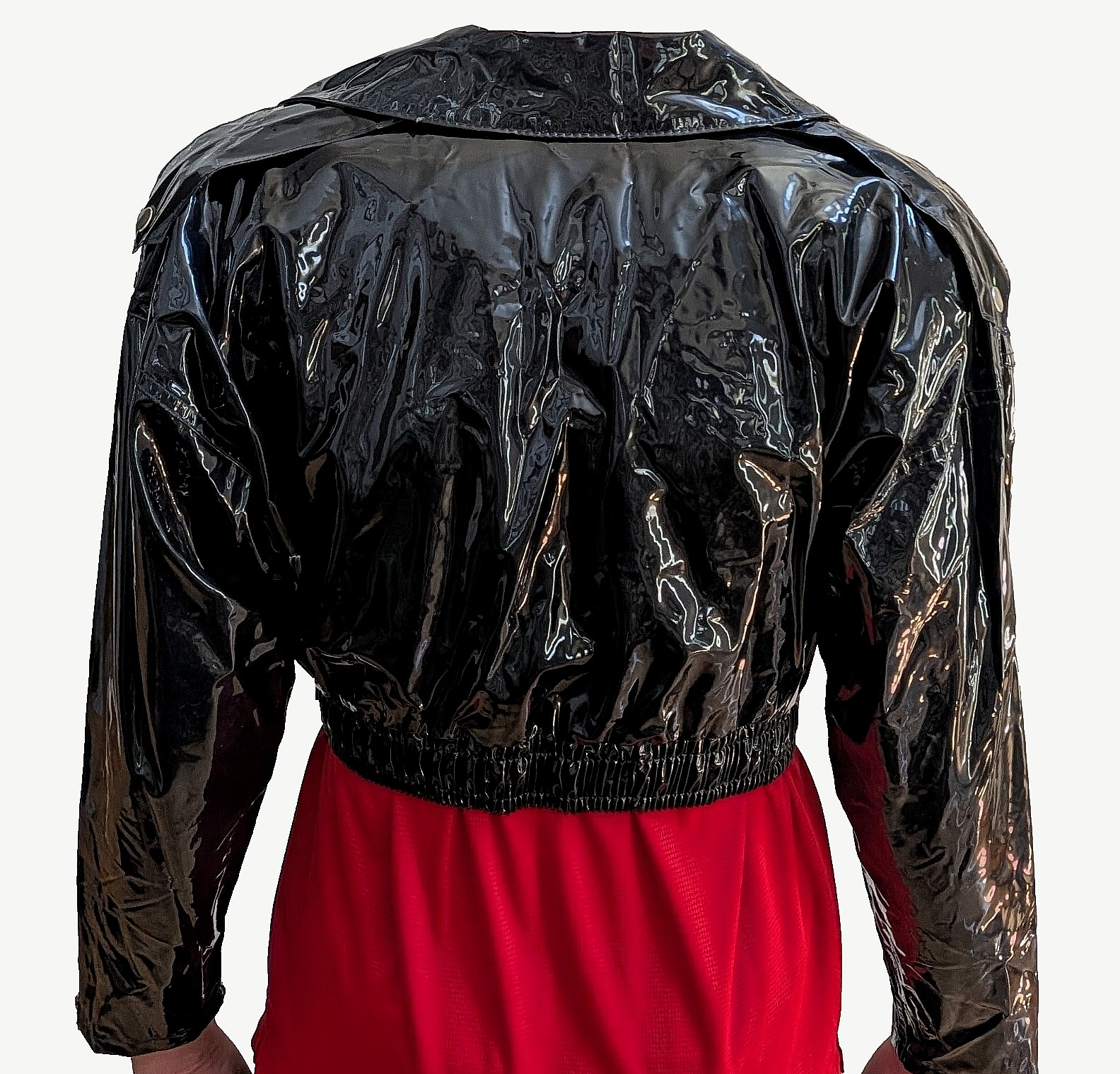 Vtg 80’s Shiny Black Vinyl Crop Moto Biker Jacket Glam Rock Punk New Wave Sz S