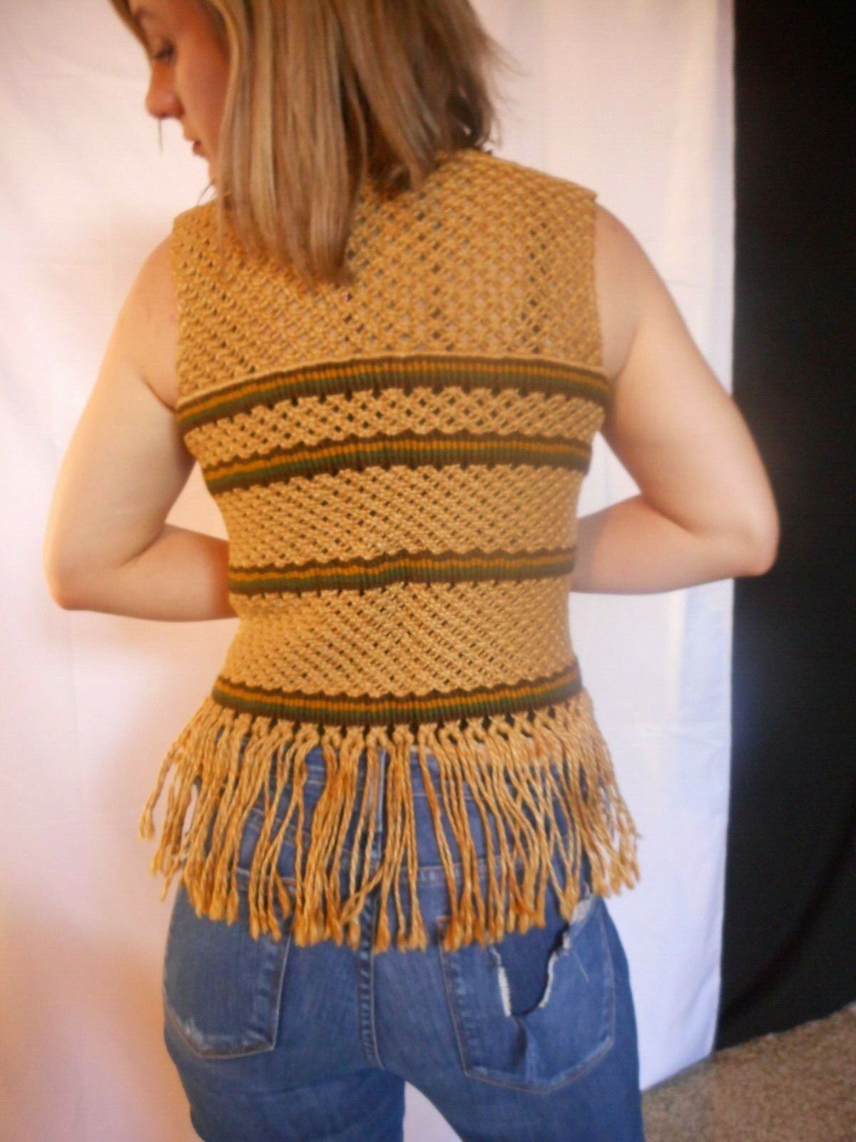 Vintage 1970’s Macrame Vest Hippy Sexy Boho Rock N Roll XS 30″ chst if closed