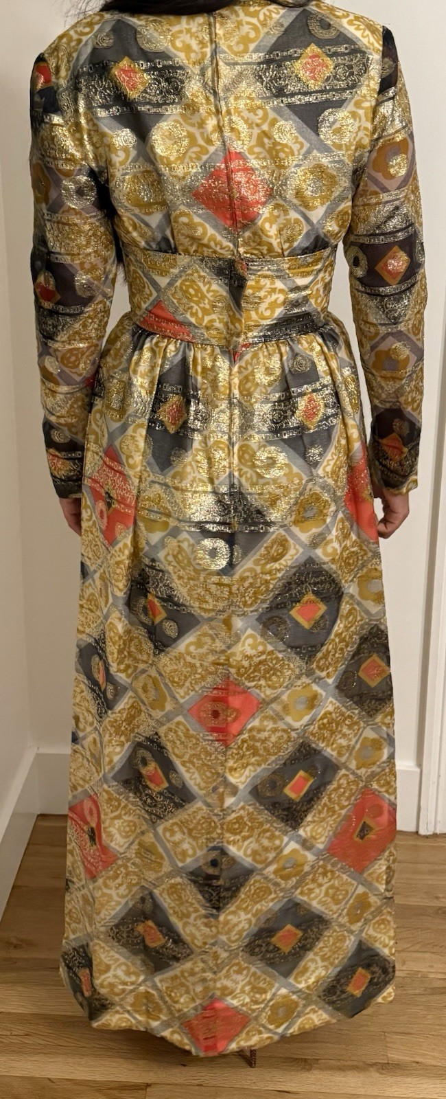 Vintage 70s Joseph Magnin Metallic Brocade Maxi Dress Gold Lurex Evening Gown