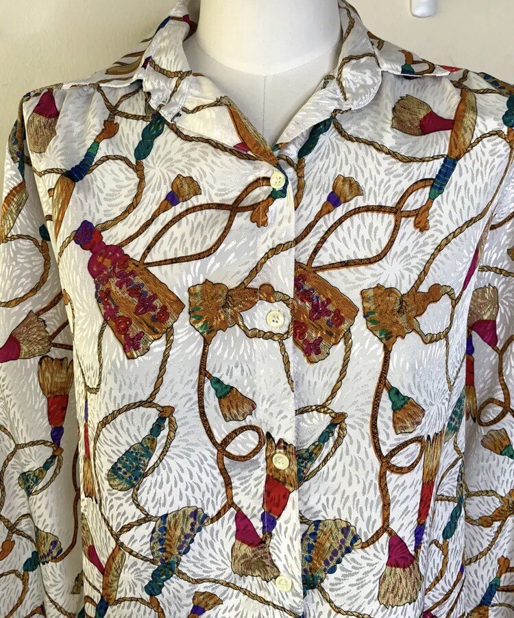 Vintage 80s All Hours Baroque Style Oversized Button Down Top Tassle Print L/XL