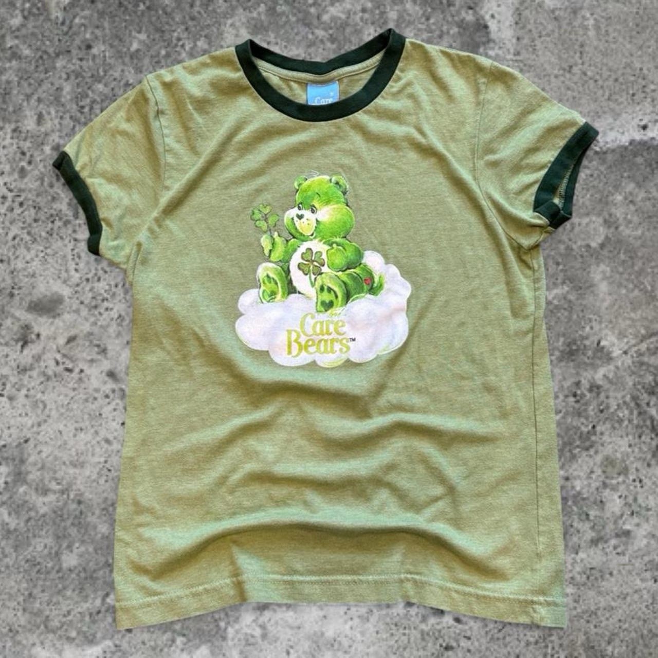 Rare Vintage Y2K 2003 Green Care Bears Lucky Clover Baby Tee Ringer Tshirt
