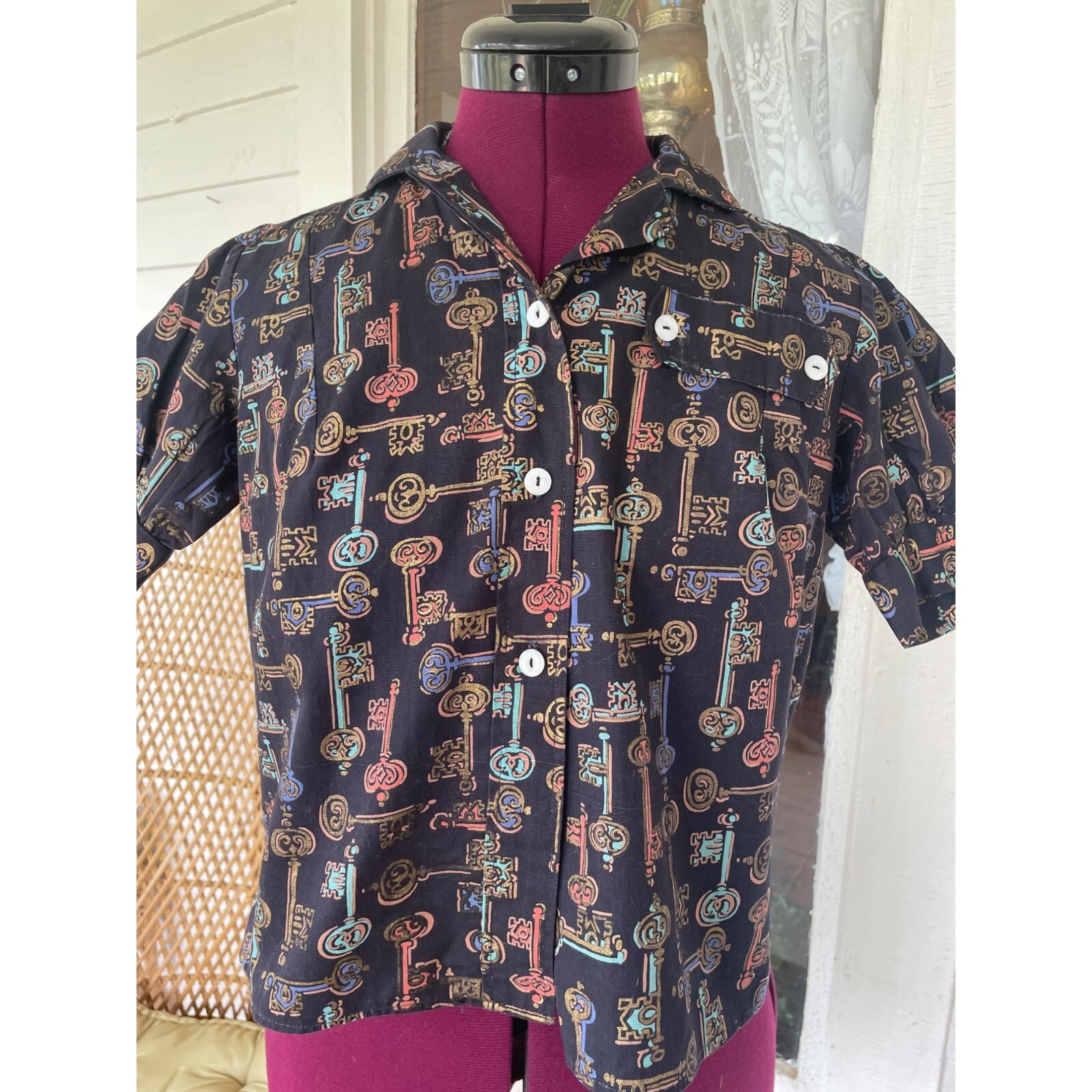 Vintage 1960s Skeleton Key Print Blouse With Puff Sleeves Black Grosgrain Size S