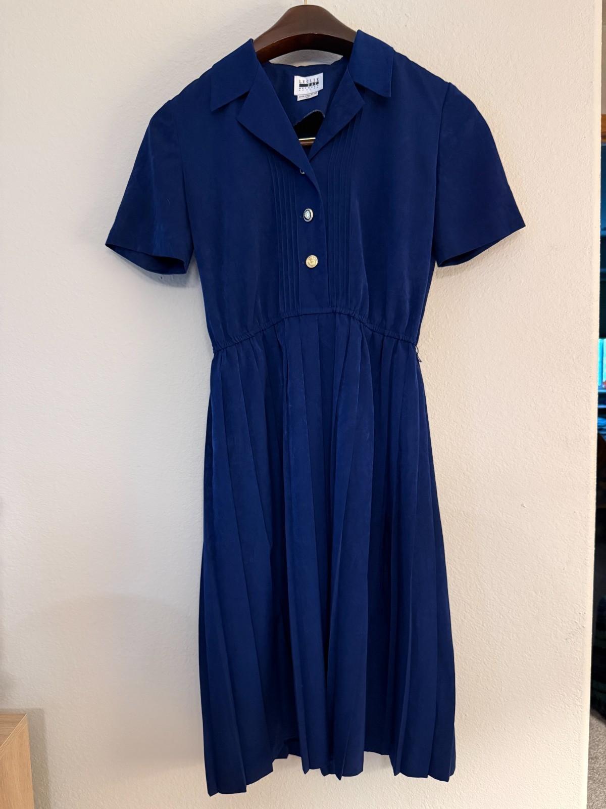 Vintage 90s Leslie Fay Navy Pleated Secretary Shirt Dress Medium Petite