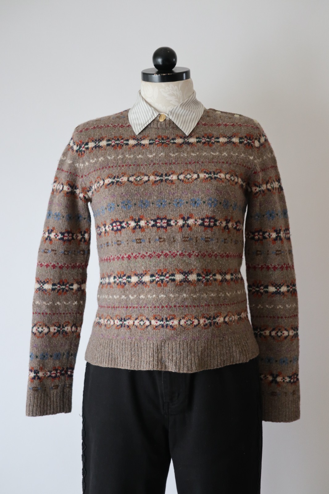 Ralph Lauren Beige Wool Cashmere Fair Isle Crewneck Handknit Sweater Women XS S