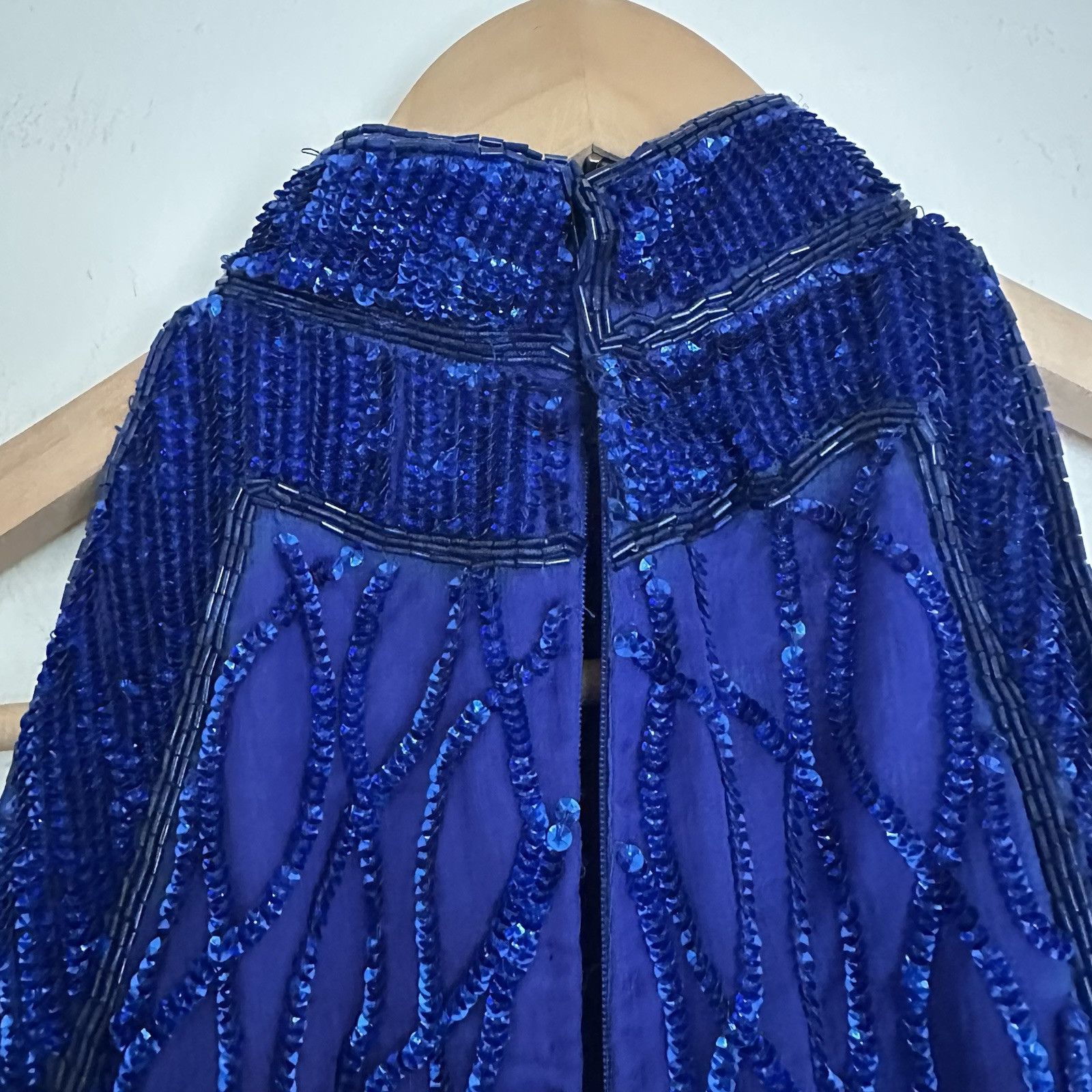 Vintage LAURENCE KAZAR Royal Blue BEADED Sequin Silk HALTER GOWN Long Formal M