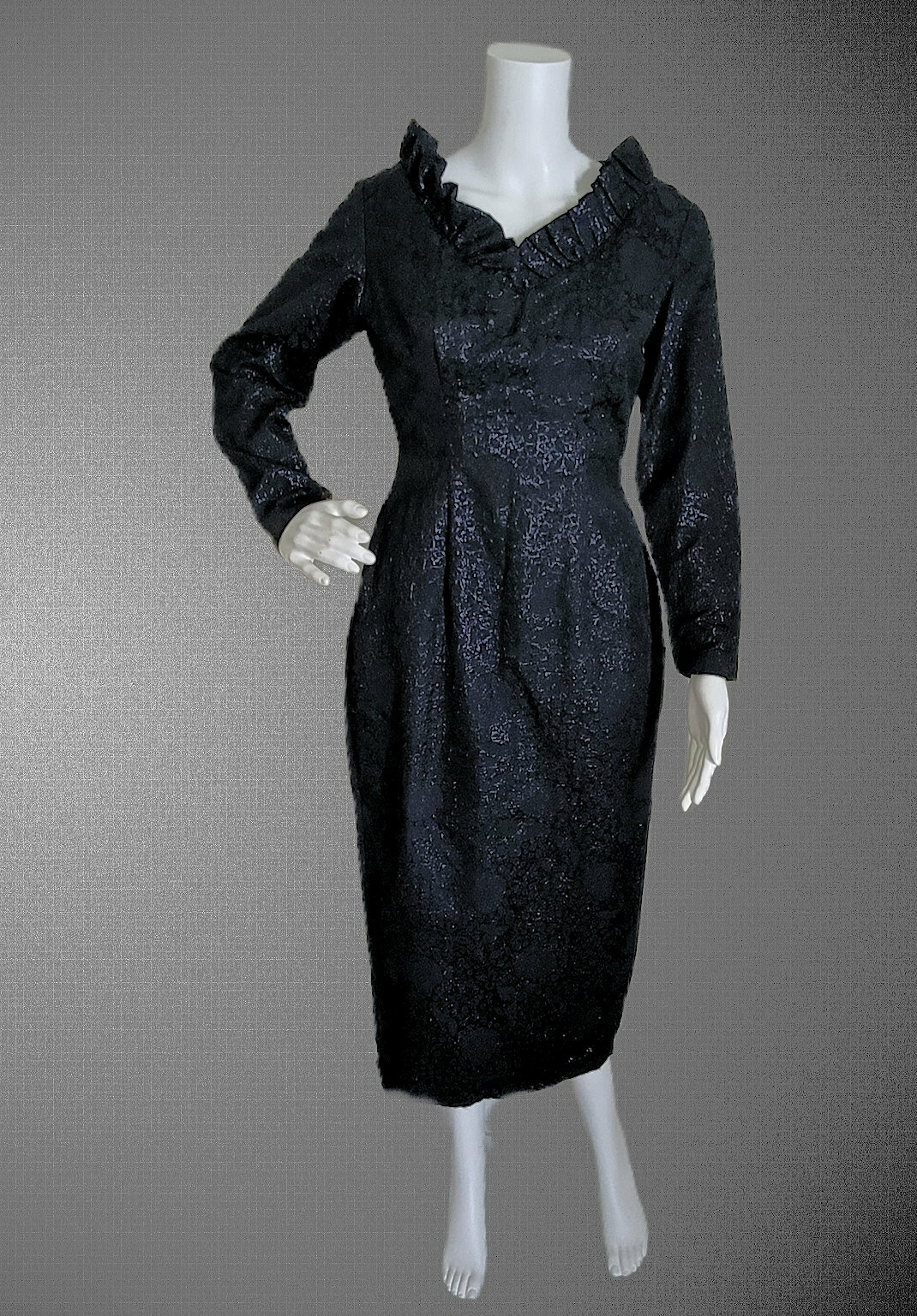 Vtg Bombshell Black Jacquard Wiggle Pencil Dress Princess Seams OOAK 36 26 36 T