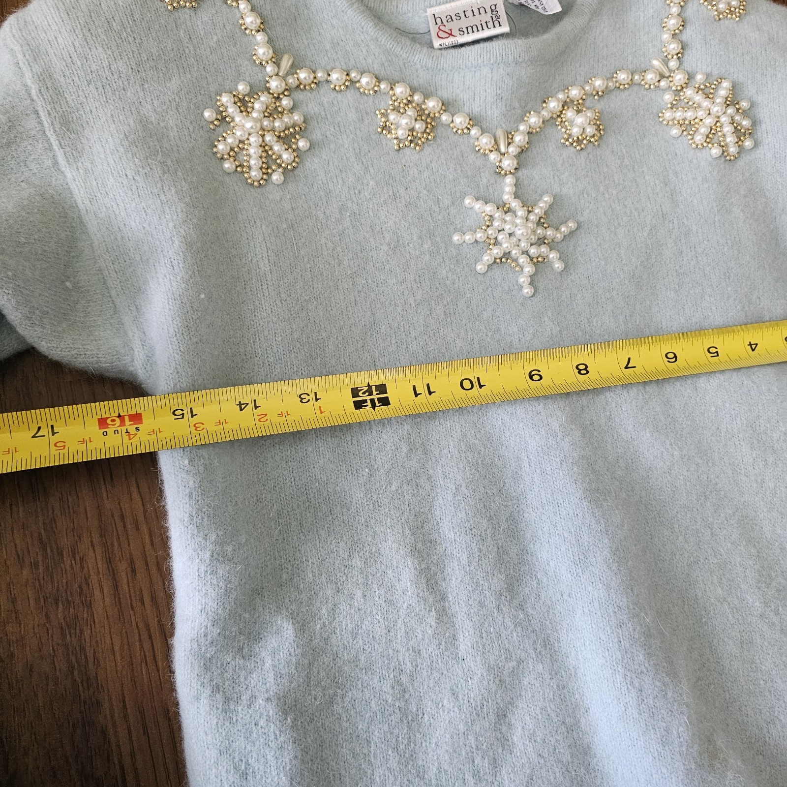HASTING & SMITH WOOL ANGORA BLEND JEWELED Faux Pearl SWEATER Sz L Green Vtg