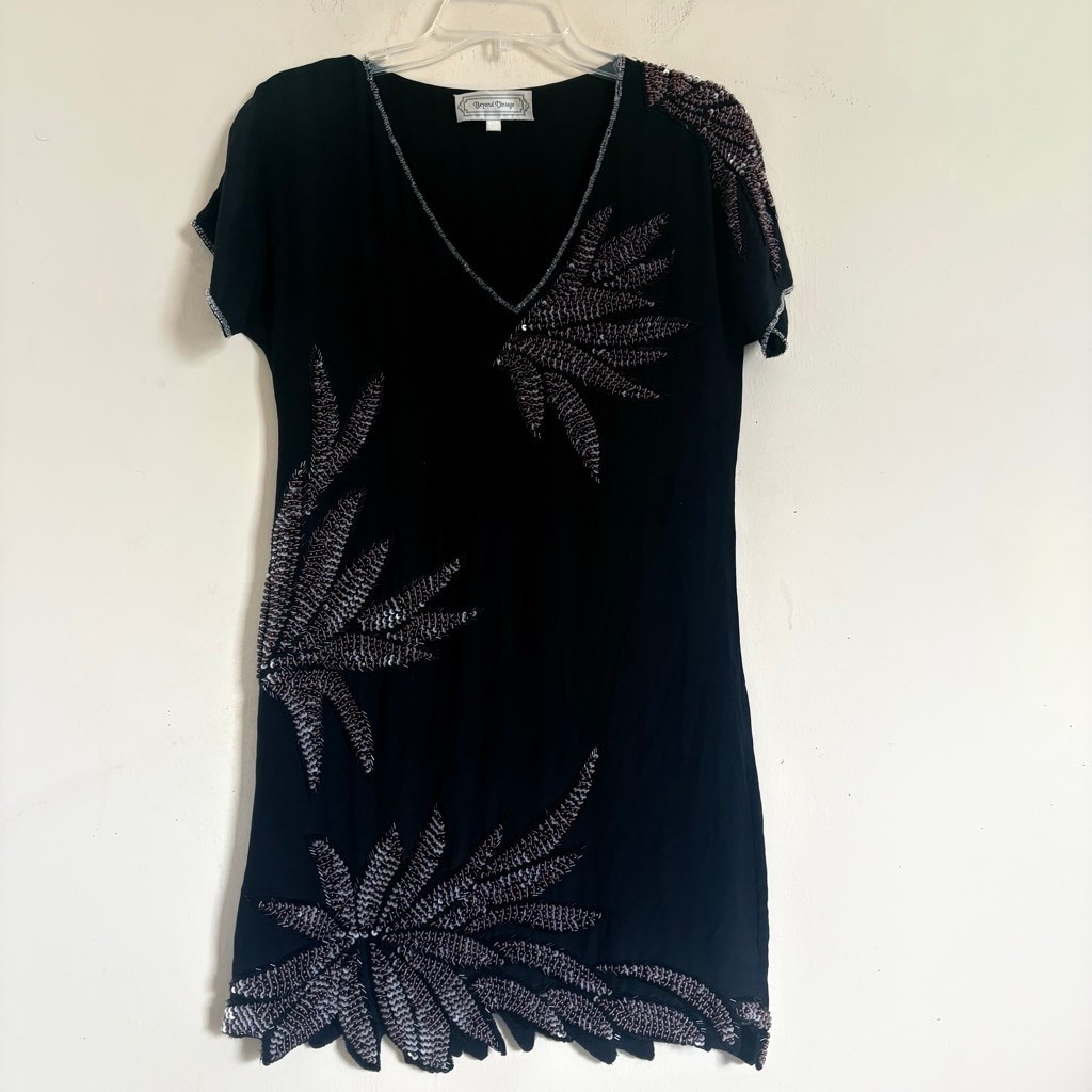 Beyond Vintage Silk Beaded Leaf Mini Dress Black XS Style 347