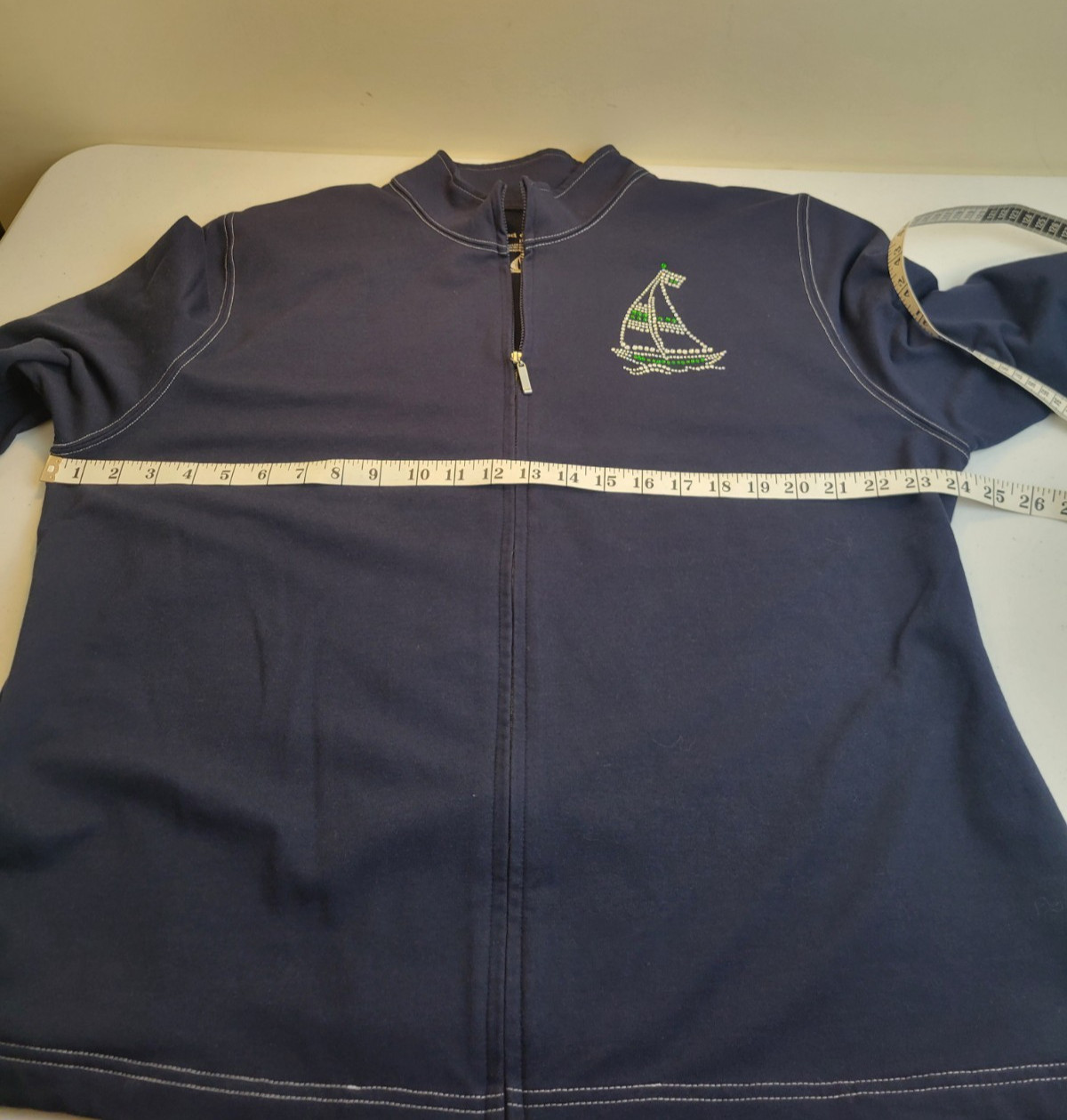 Alfred Dunner Blue Full Zip Rhinestones Nautical Sailboat Jacket Women’s Size 18
