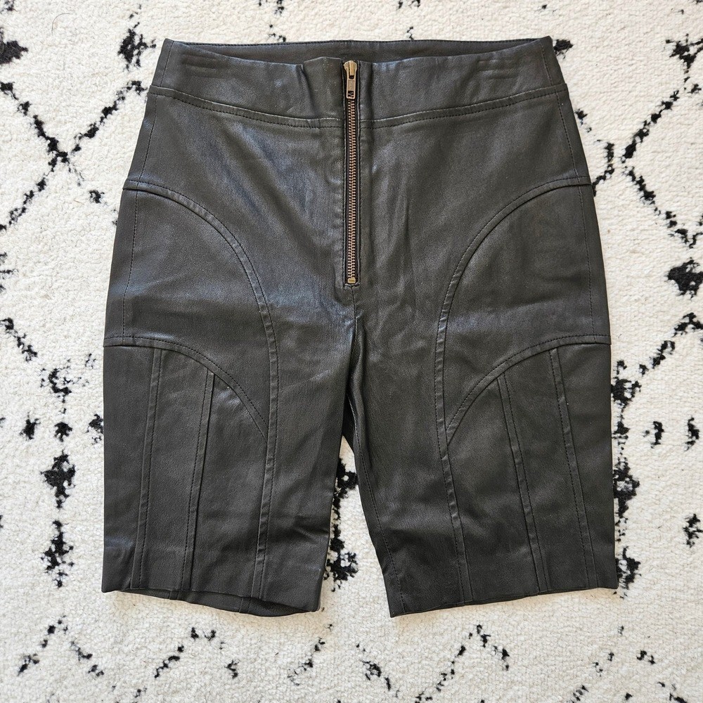 Retrofete Amanda Black Leather Biker Shorts High Waisted Paneled Size Small