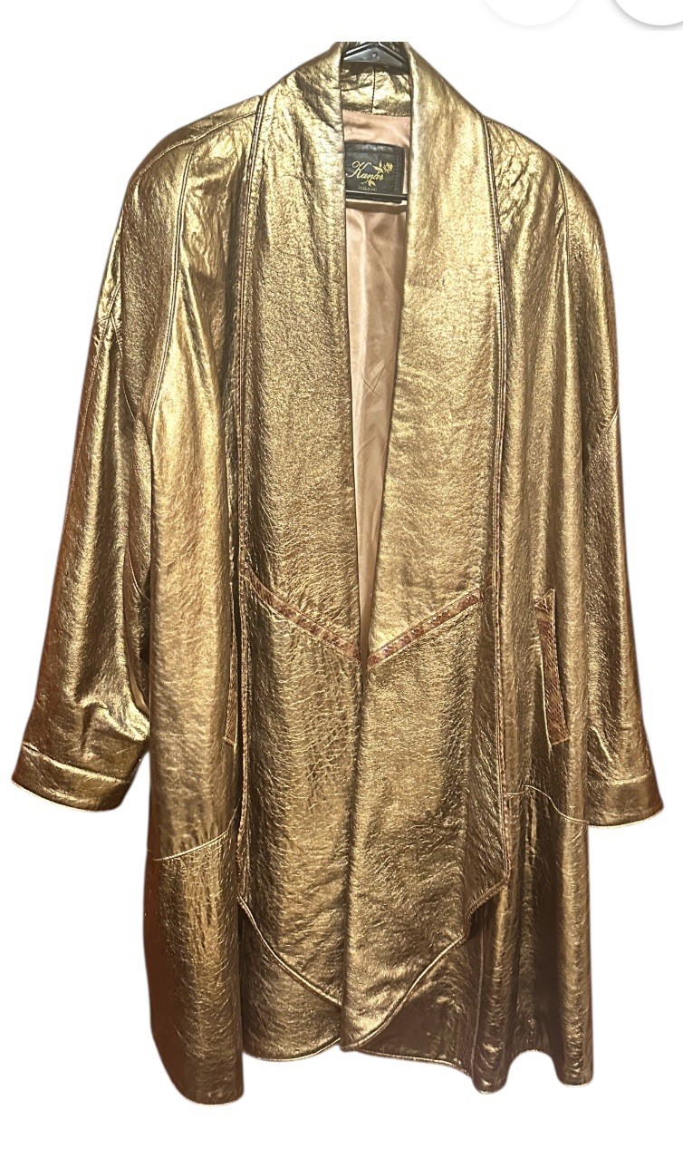 VTG 80s Kanar Gold Lame Metallic Leather Swing Coat Hollywood Glam XL / 2XL
