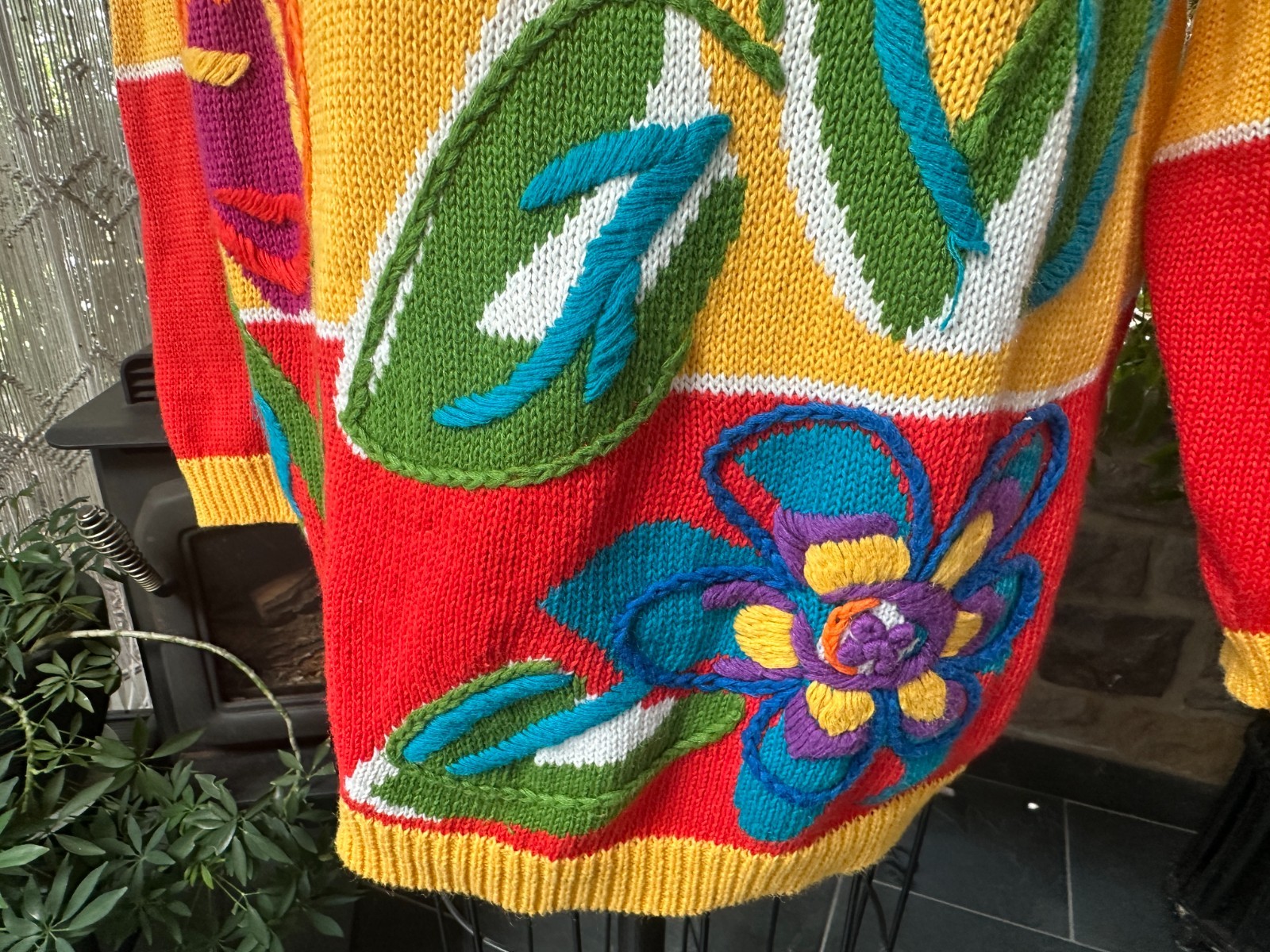 Vintage 1980s I B Diffusion Color Block Embroidered Ramie and Cotton Sweater