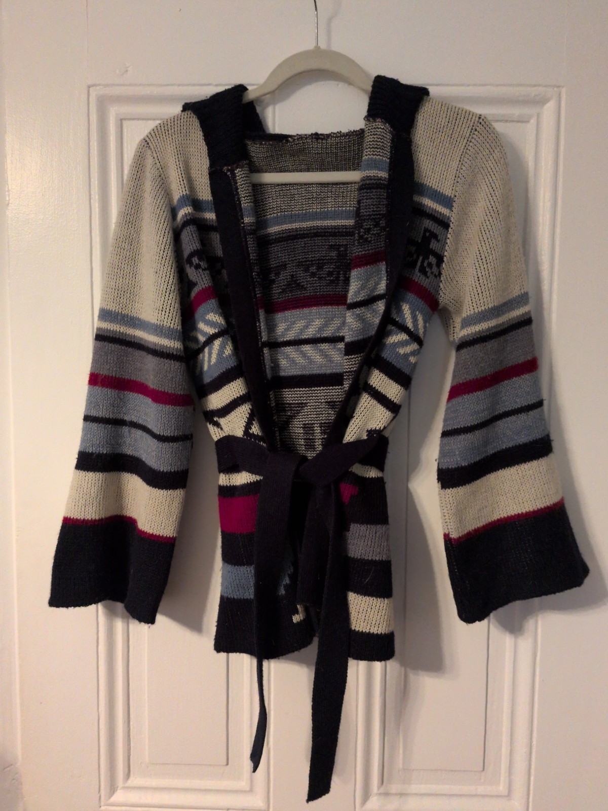 Vintage Knit Belted Wrap Sweater Hood Size Small Blues 70s Acrylic Blend Retro