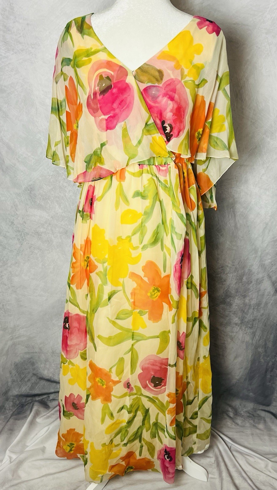 Vintage 1970s Kiki Hart Floral Watercolor Silk Chiffon Romantic Dress NWT Size S