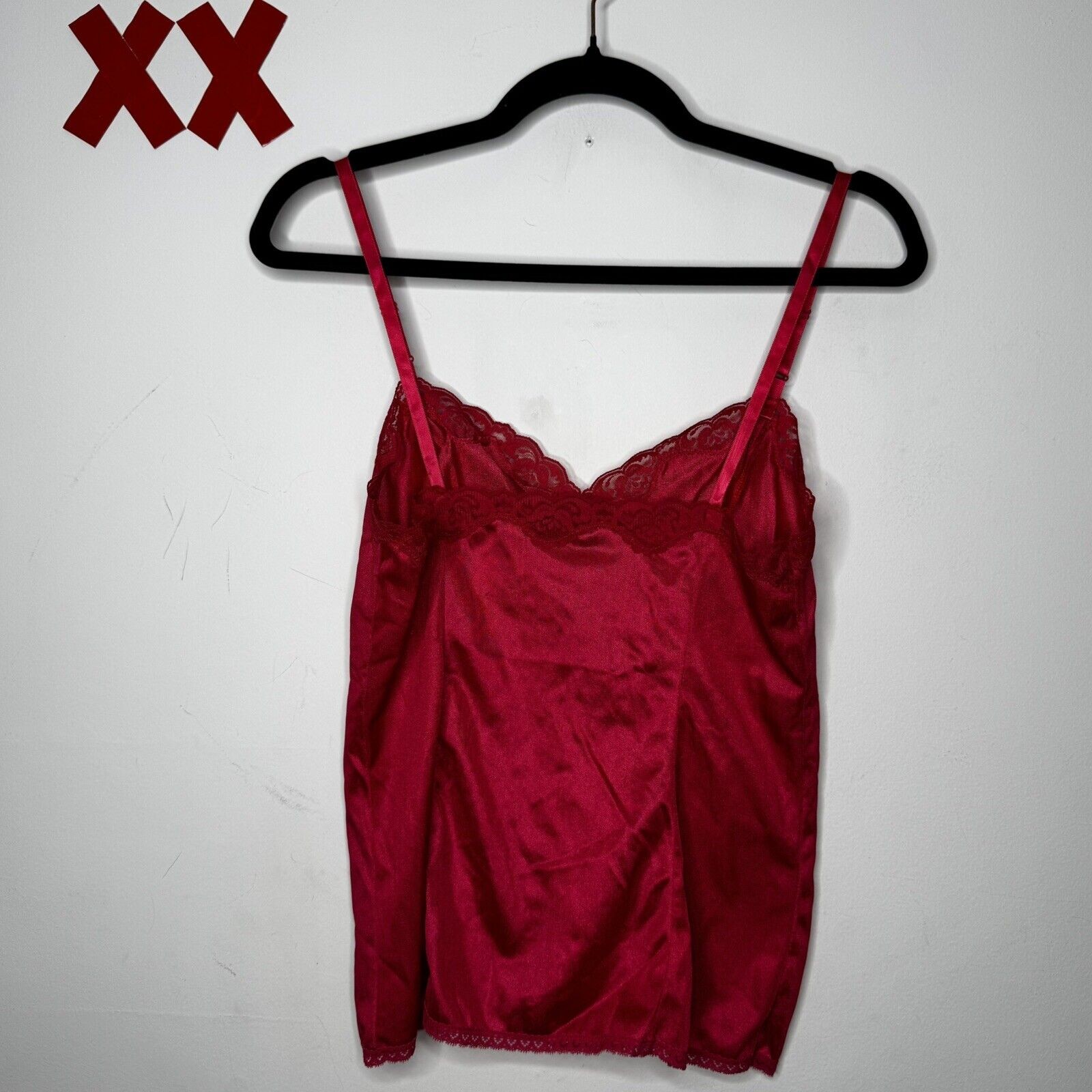 Vtg Cherry 🍒 Red Satin Cami Lace Babydoll Camisole Tank Top Grunge Whimsygoth M