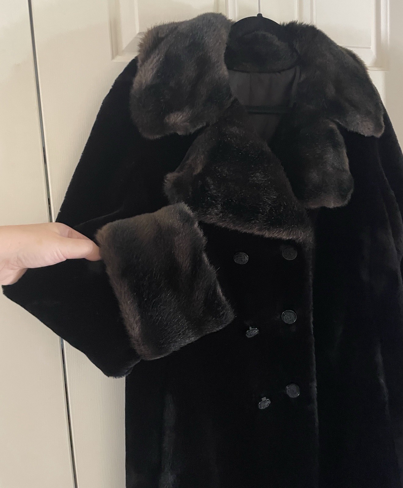 Vtg 60s Borgana Sportowne Black Faux Fur Coat ILGWU Union Double Breasted M/L