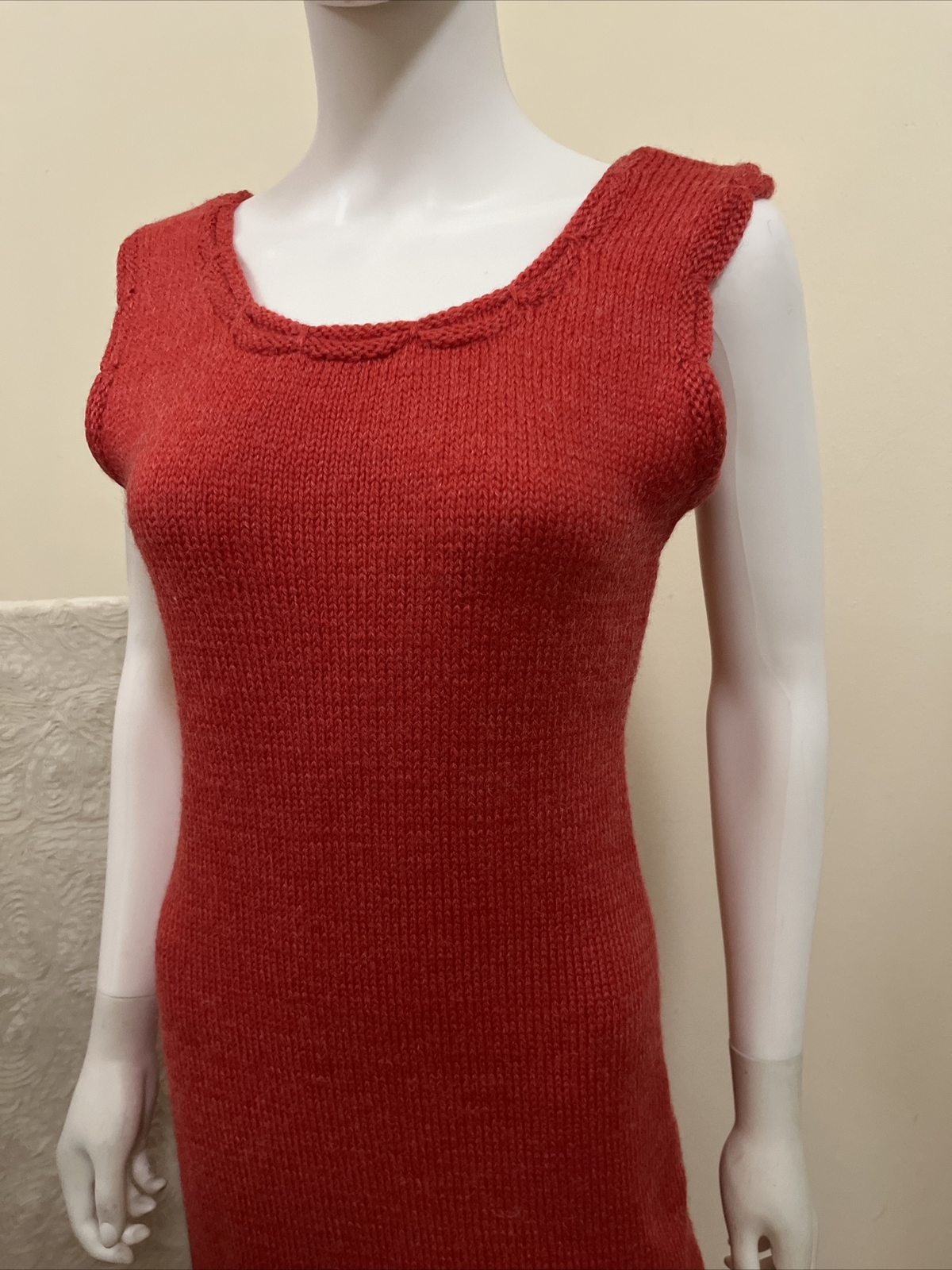 Vintage 1970s Dress Women’s Red Knit Sleeveless Sweater Retro Hippie Boho Geek