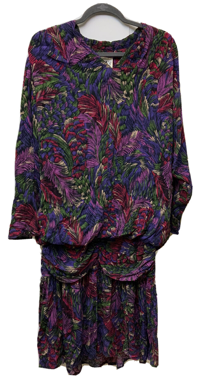 Vintage 1980s Vikki VI California Pink Purple Green Flowers Dress SZ 14W