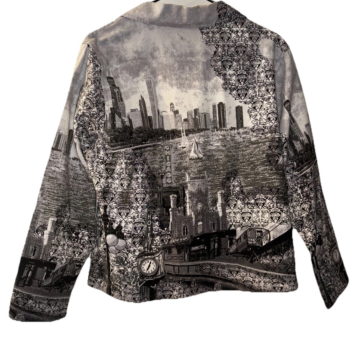 Vtg Take Two Jacket Chicago City Scene Button Down Blazer Sequins Women’s PL