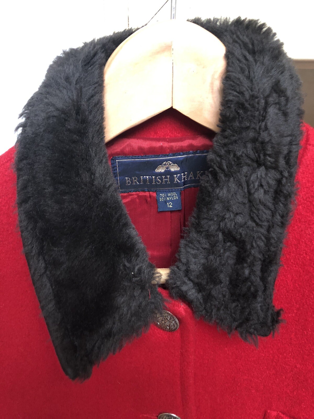 British Khaki Womens Size 12 Red Wool Blazer Faux Fur Collar Button Up Academia