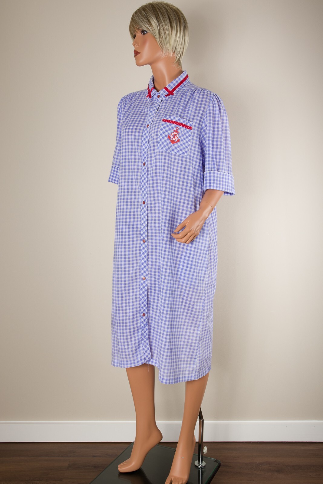 💖 SMART TIME Size M Blue Gingham Robe Housecoat MuMu Snap Pockets Red Trim