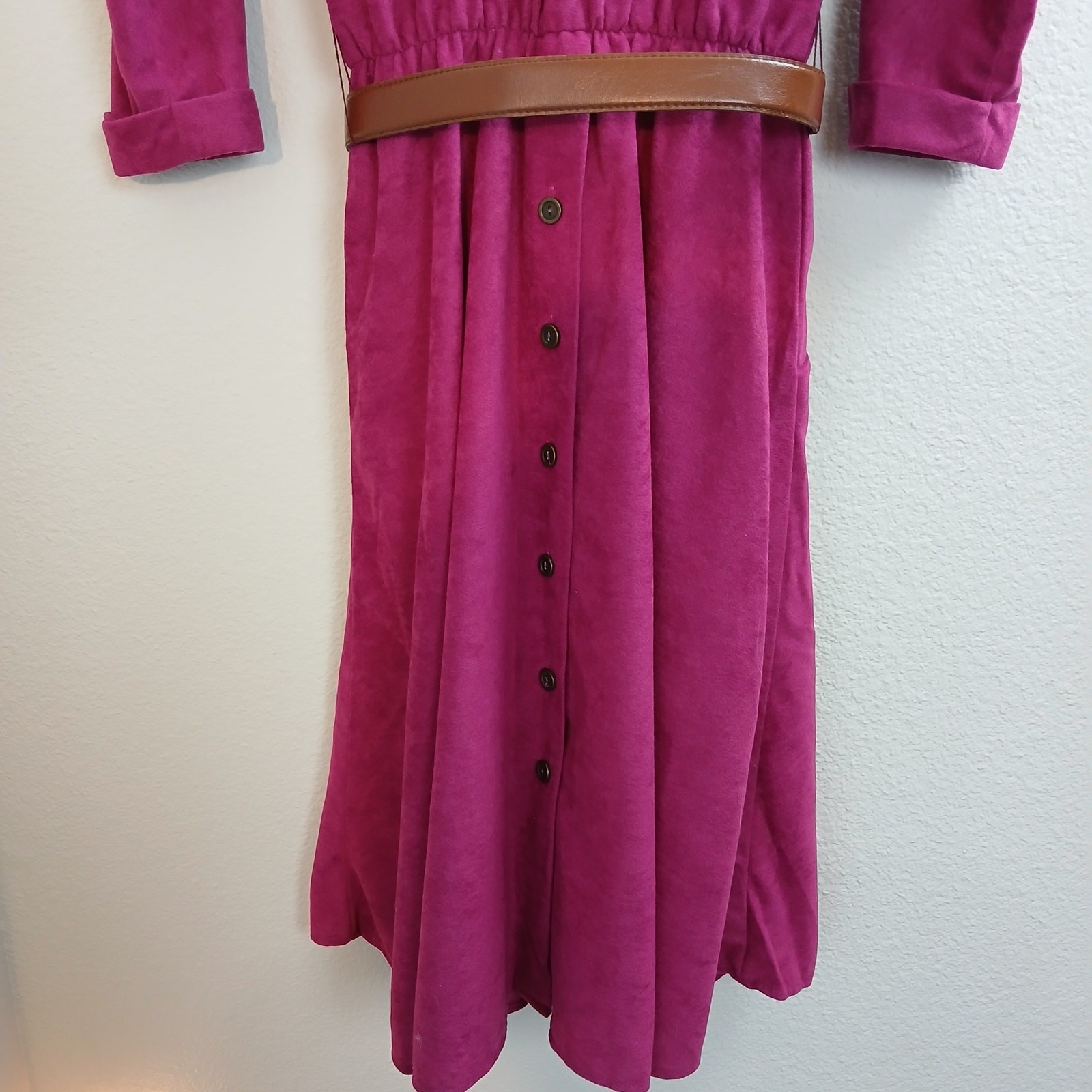 Vintage 80s S.L. Petites Magenta Suede Shirt Dress 6 needs repair pockets belted