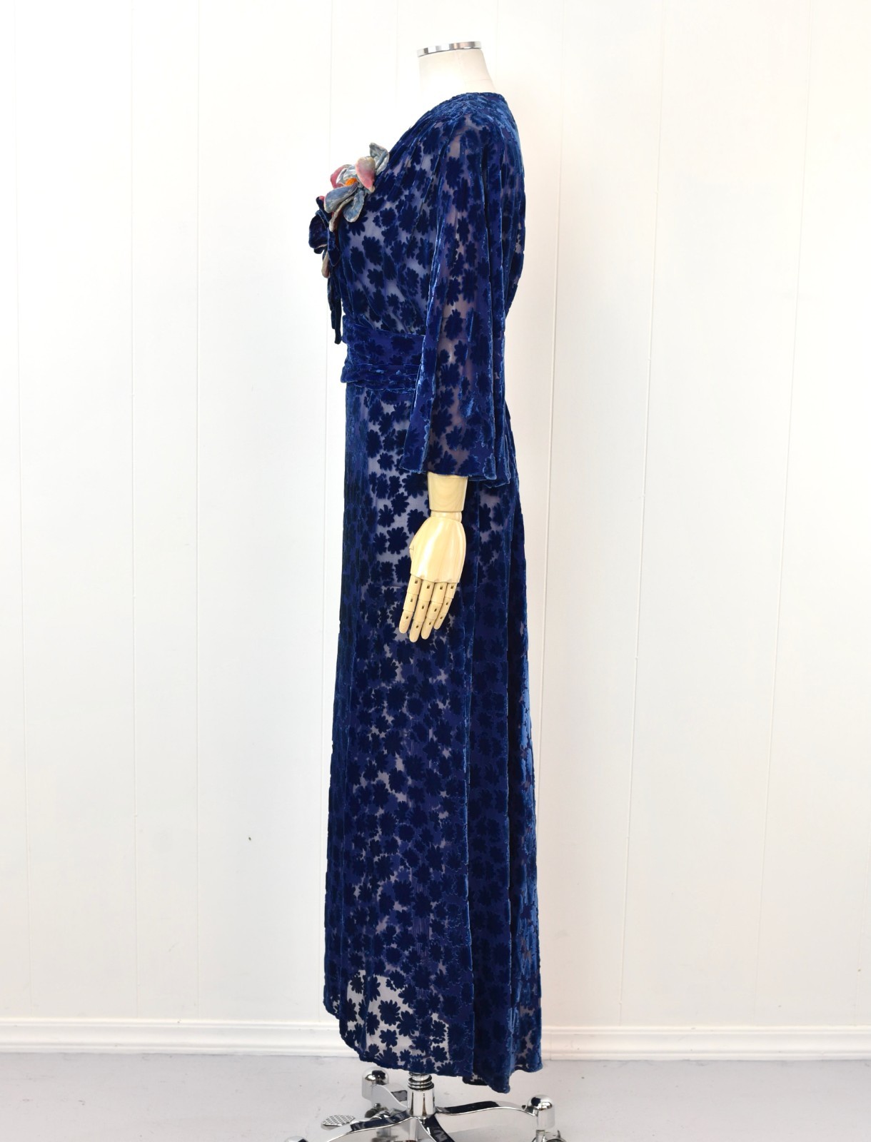 Antique 1930s Blue Devore Burnout Velvet Floral Art Deco Sheer Dress Larger Size