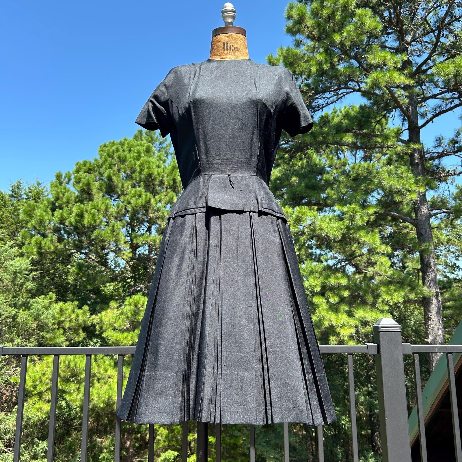 Vintage 50s Black Raw Silk Pleated Peplum Mini Dress by Jonathan Logan XS S