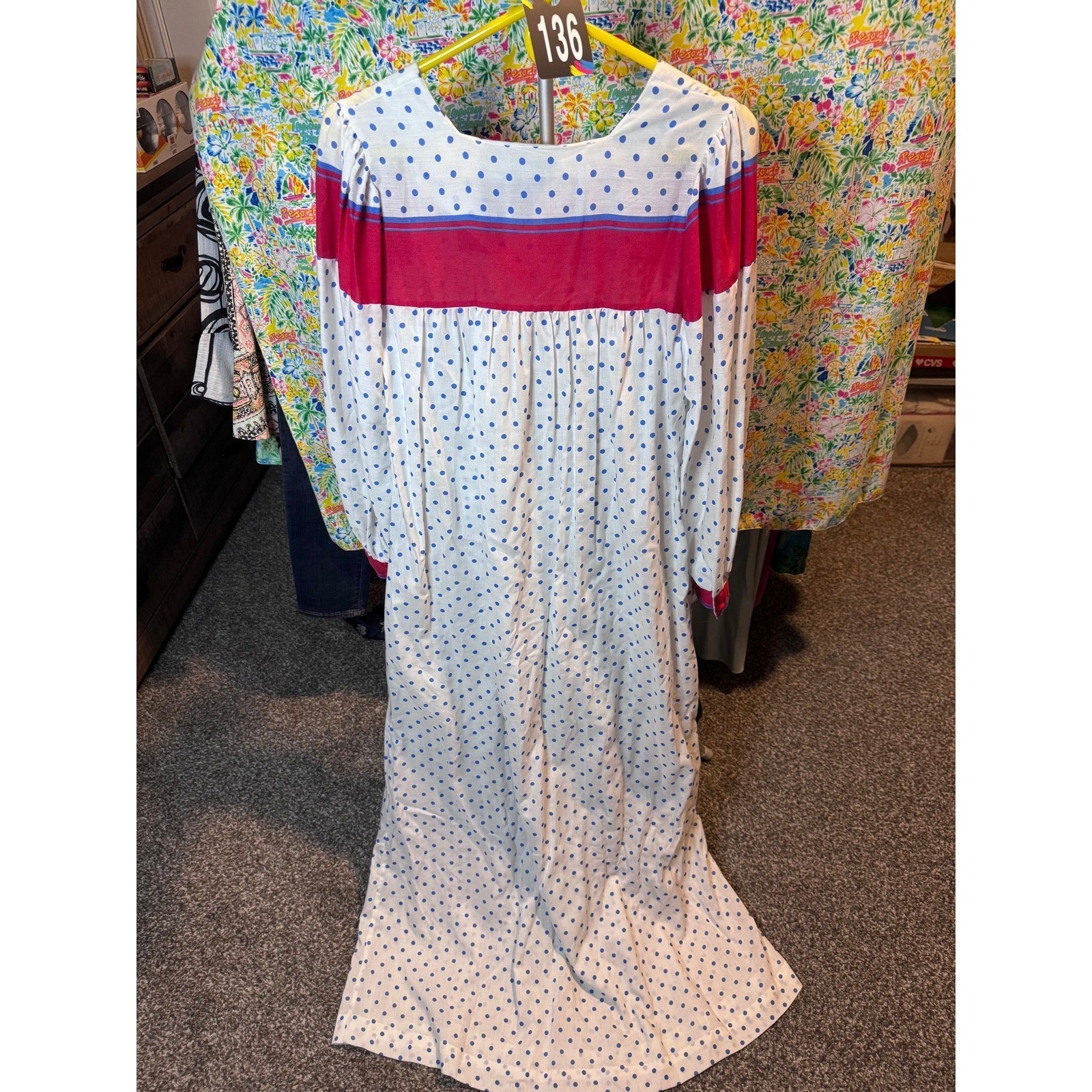 136 Christian Dior Vintage Polka Dot Maxi Nightgown Blue Pink White Pockets