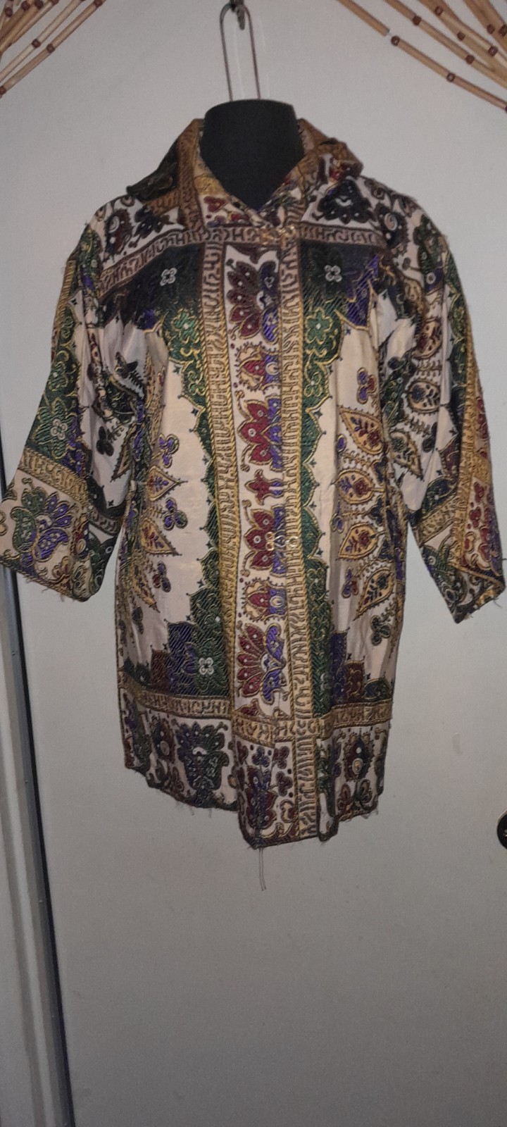 Vtg 60s 70s Tassle Hood DAMASK Jaquard Tapestry Rayon Ethnic Morroco Jacket Coat