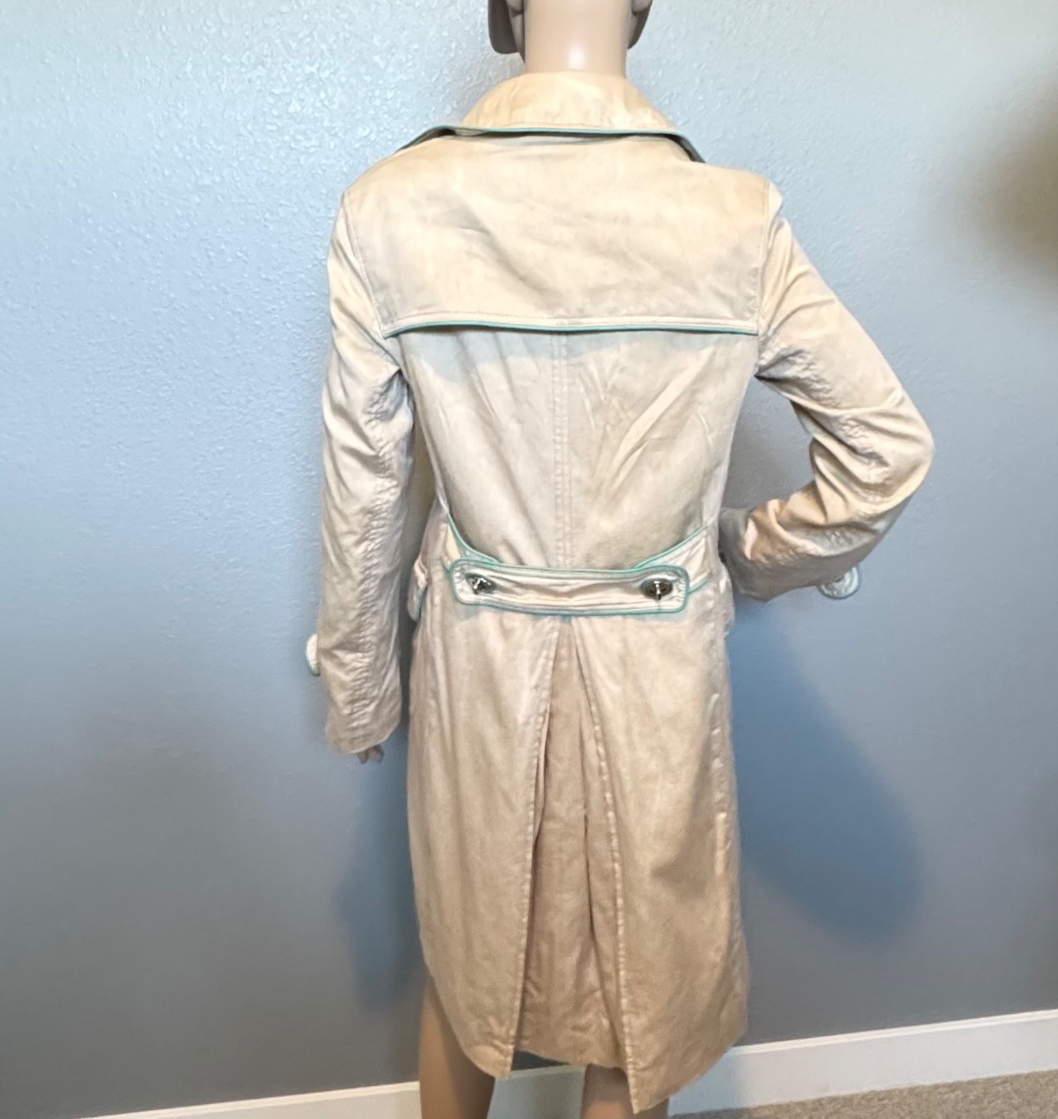 Vintage Coach Trench Coat with Teal Leather Trim and Polka Dot Lining Size 4