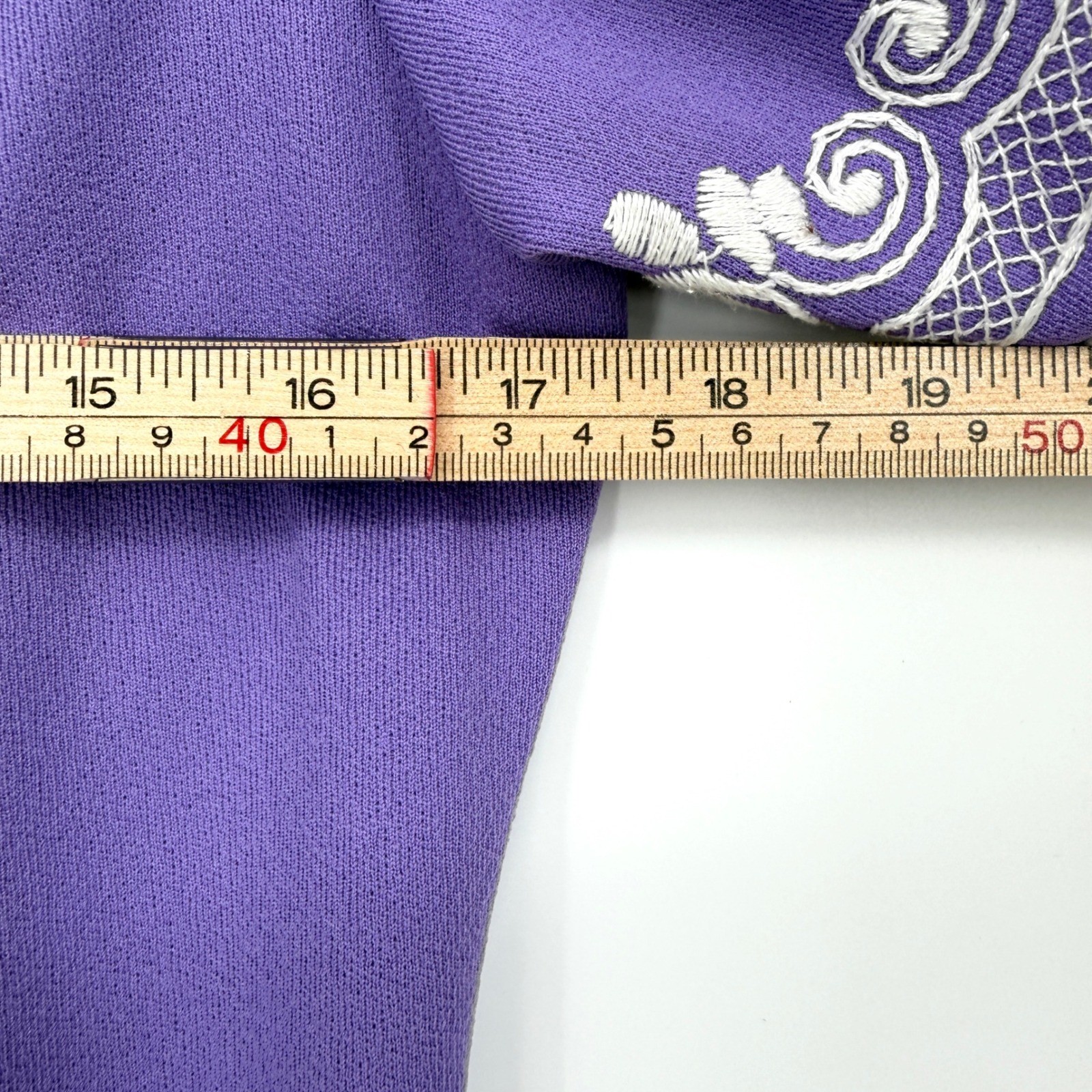 Vintage 60s 70s Mod Purple Fit & Flare Dress White Embroidery Knit Crepe Small