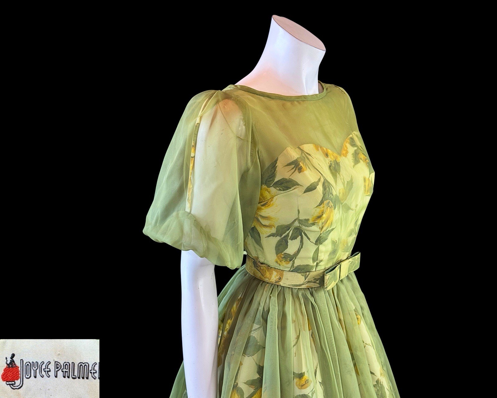 1950s Joyce Palmer Romantic Rose Floral Illusion Dress S