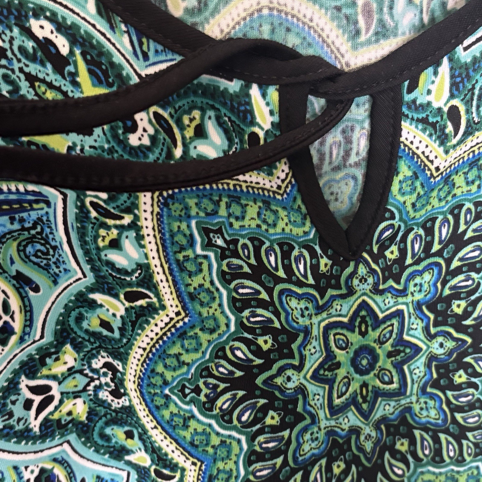 Vtg Carol Rose Peplum Top Blouse Petite Med Teal Lime Black Paisley Boho Peasant