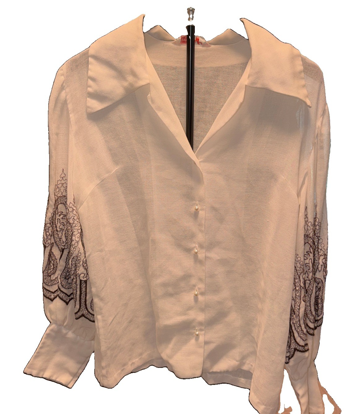 Vintage 70s Laura Mae Polyester Long Sleeve Blouse White Brown Embroidery